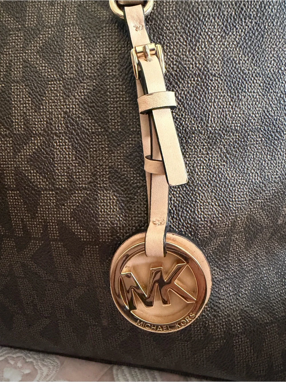 Michael Kors Brown Tote with Blush Trim and Gold Charm